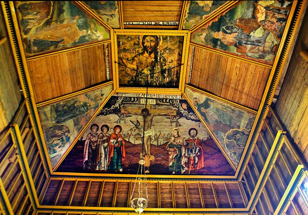 Church of the Prophet Elijah, interior. Ceiling paintings of Christ & the Crucifixion. July 23, 1999.