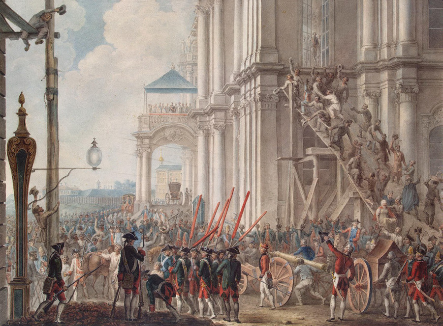 Catalina II en el balcón del palacio de Invierno el día del golpe de Estado el 28 de junio de 1762.