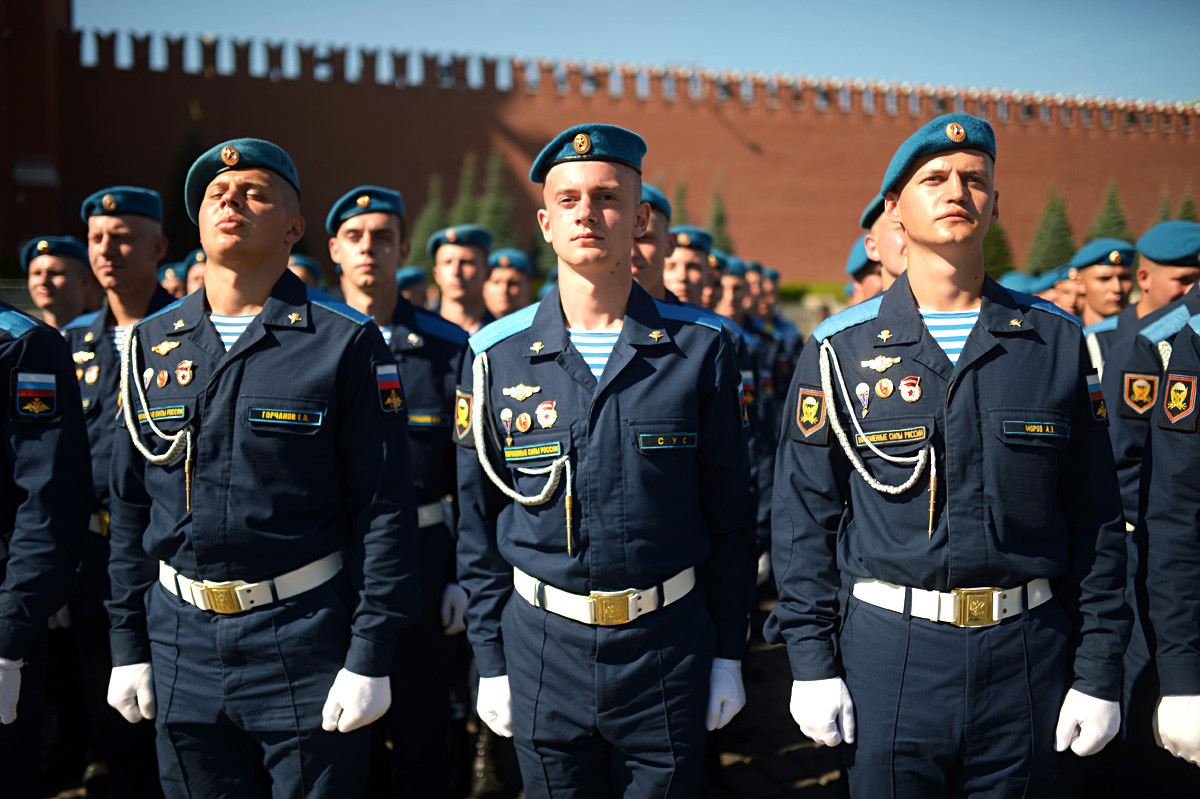 Military personnel during the Paratroopers' Day celebration on Red Square in Moscow