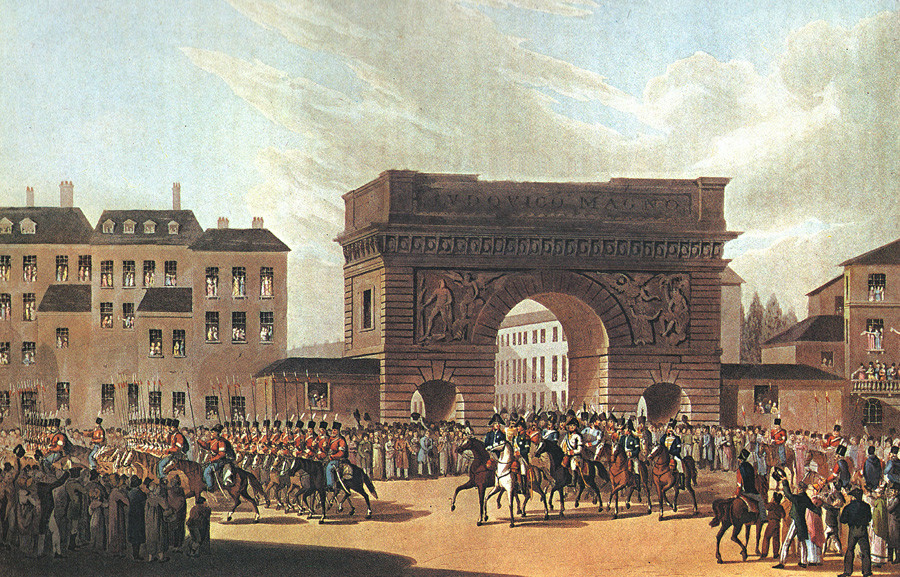 Vstop ruskih čet v Pariz, 31. marec 1814, neznan slikar po originalu I. F. Hugla po risbi U.-L. Wolfa, 1815, Sankt Peterburg. Poleg Aleksandra I. še Barclay de Tolly in Friedrich Wilhelm III., v ozadju pariška vrata Saint-Martin.