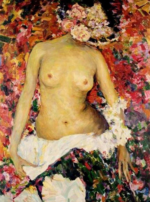 Mulher nua com chapéu decorado com flores, Filipp Maliávin
