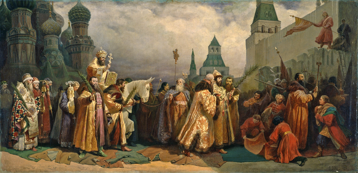 アレクセイ・ミハイロヴィチの治世の時にモスクワで祝われた「枝の祭り」。「総主教のロバ散歩」。
