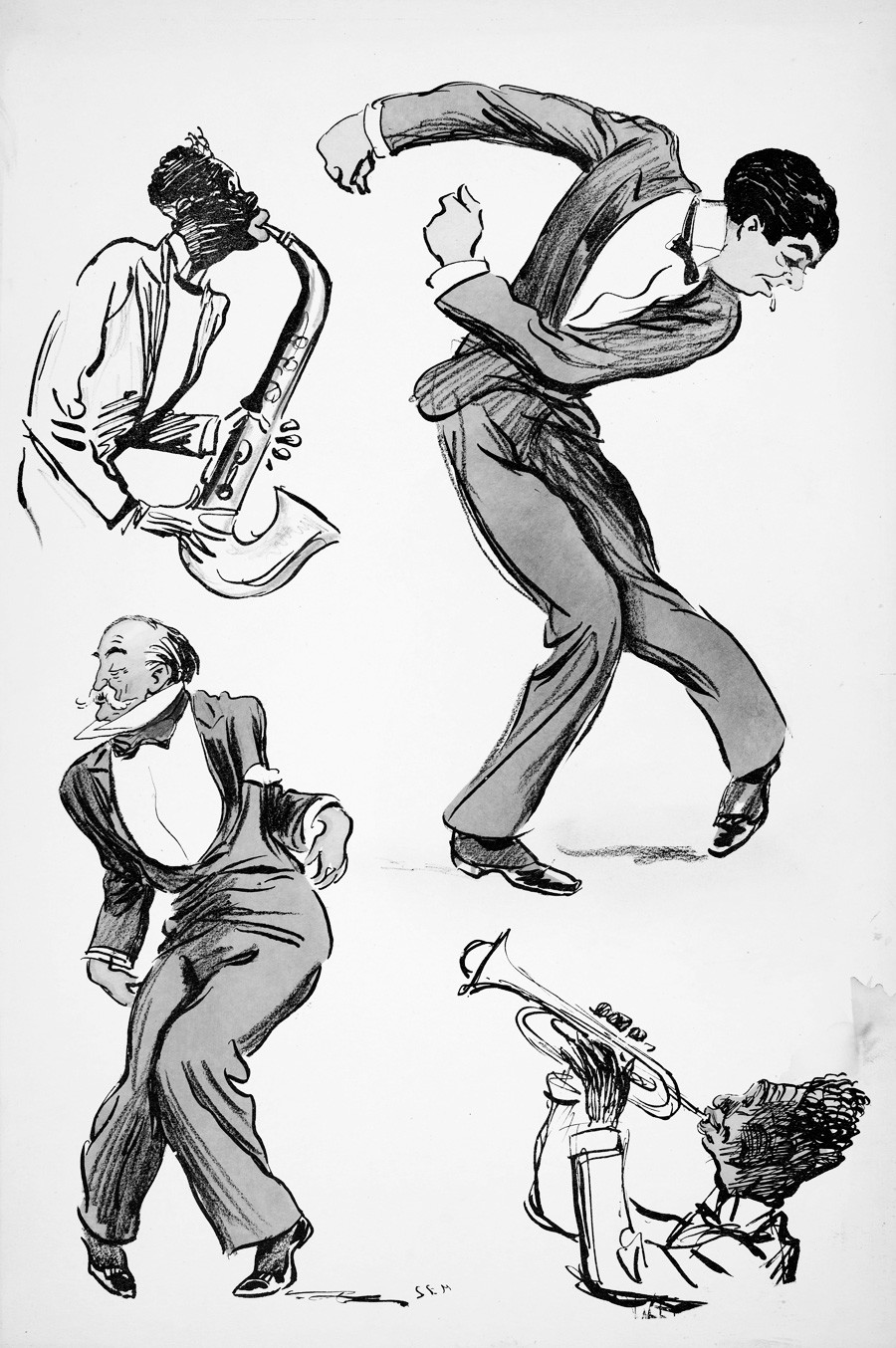 スーツを着た二人の男性は踊り、二人のミュージシャンがサクソフォーンとトランペットを弾く。「ホワイト・ボトムズ」、1927年出版。