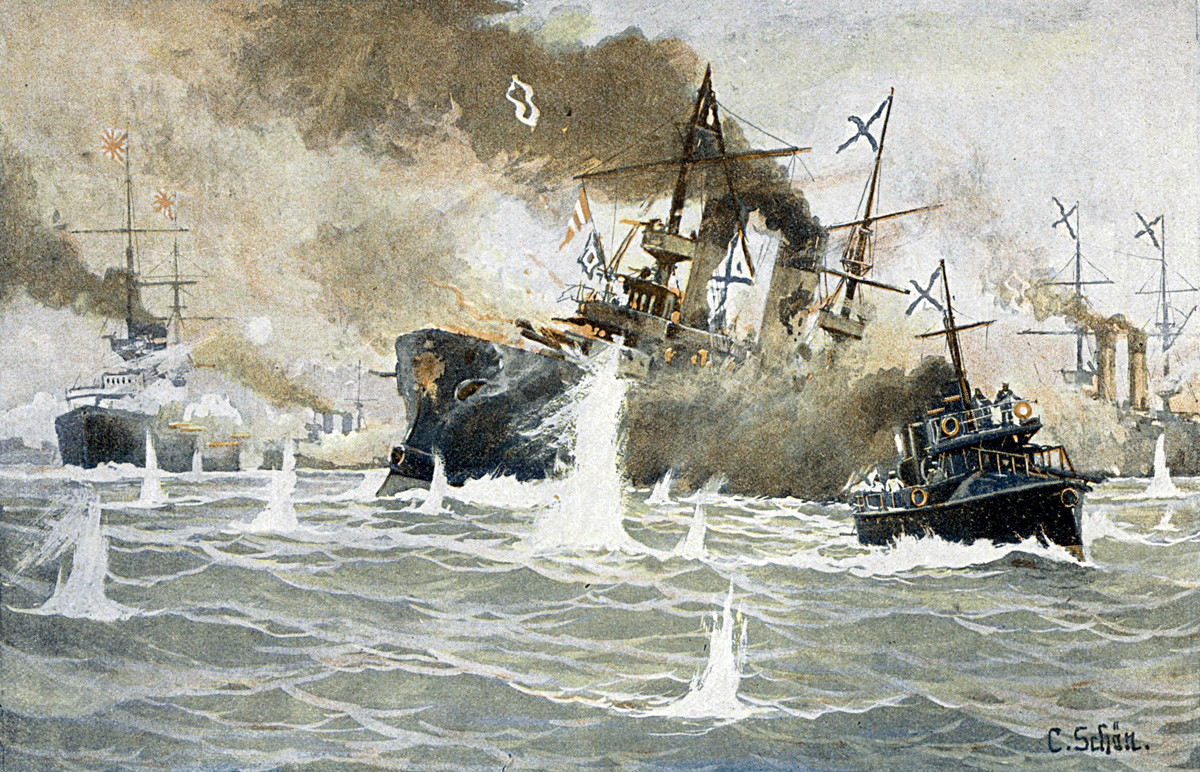 対馬沖海戦。ロシアのロジェストヴェンスキー海軍大将が沈んでいく軍艦「ボロジノ」から水雷艇「ブイニス」へ移る。1905年5月27-28日のロシアの敗戦のシーン。