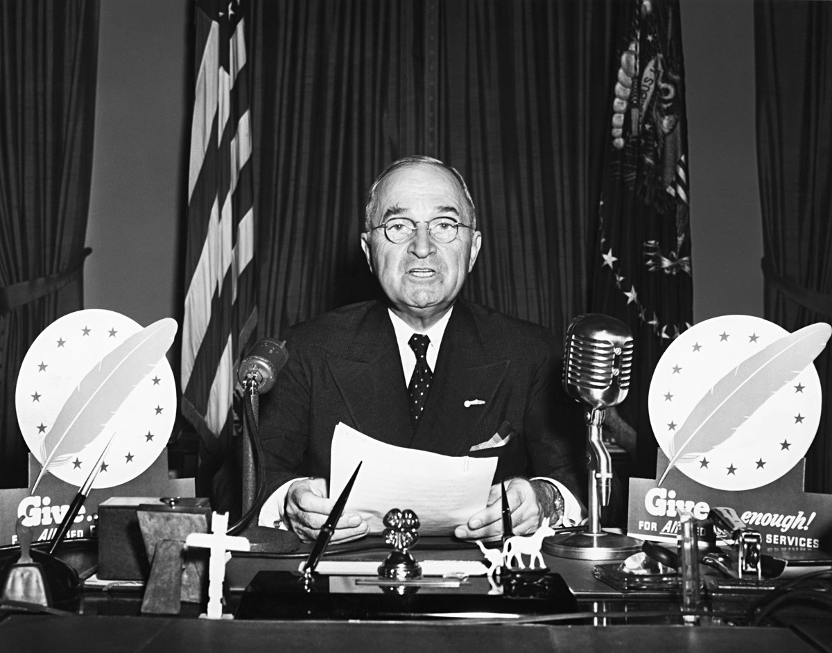 President Harry S. Truman speaks during a television address from the Oval Office