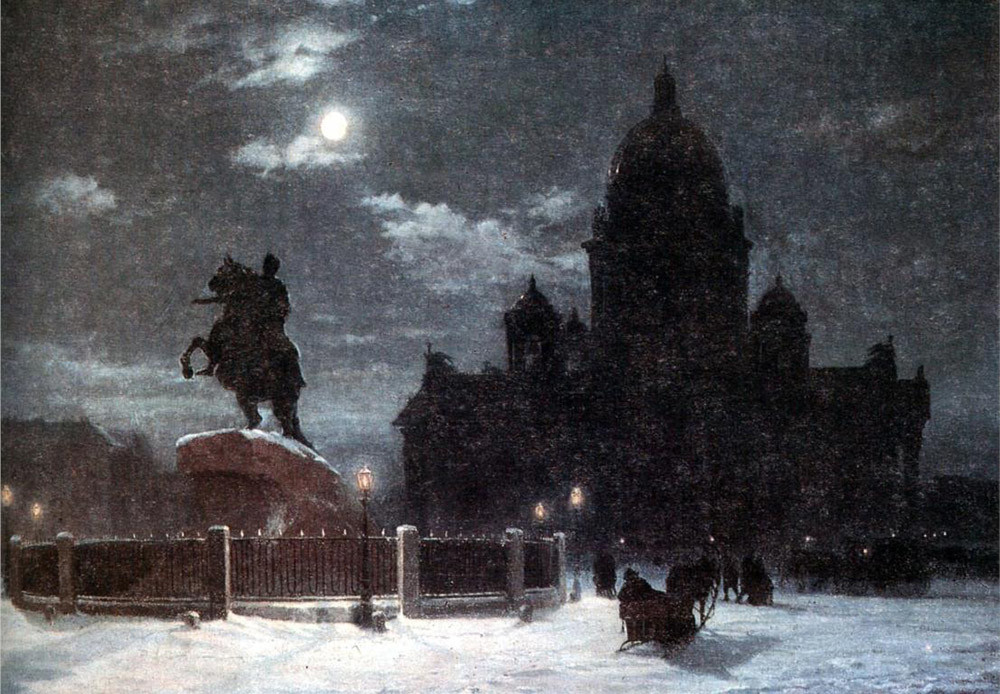 Vista do monumento a Pedro, o Grande, na Praça do Senado, em São Petersburgo, 1870