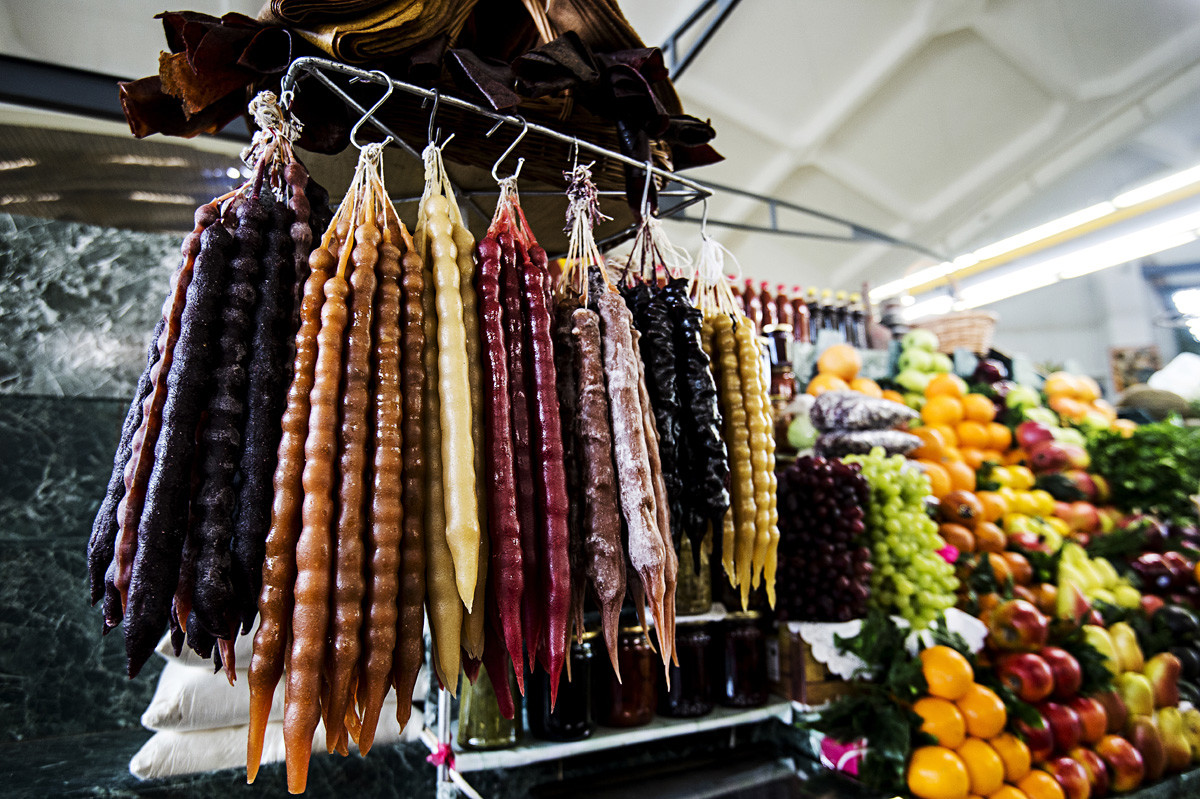 Products on display in the vegetables department at the Dorogomilovsky market in Moscow.
