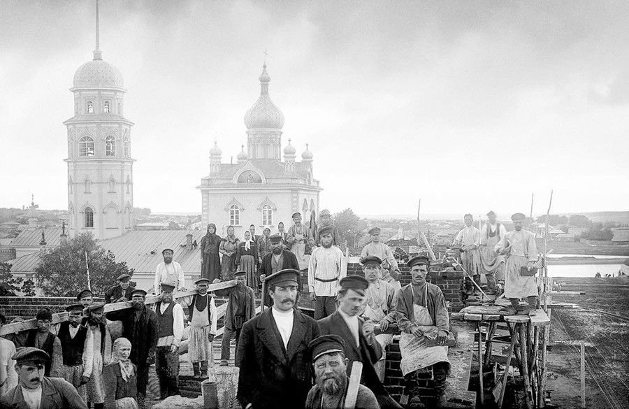 People attending a church in the Urals, pre-revolutionary Russia.