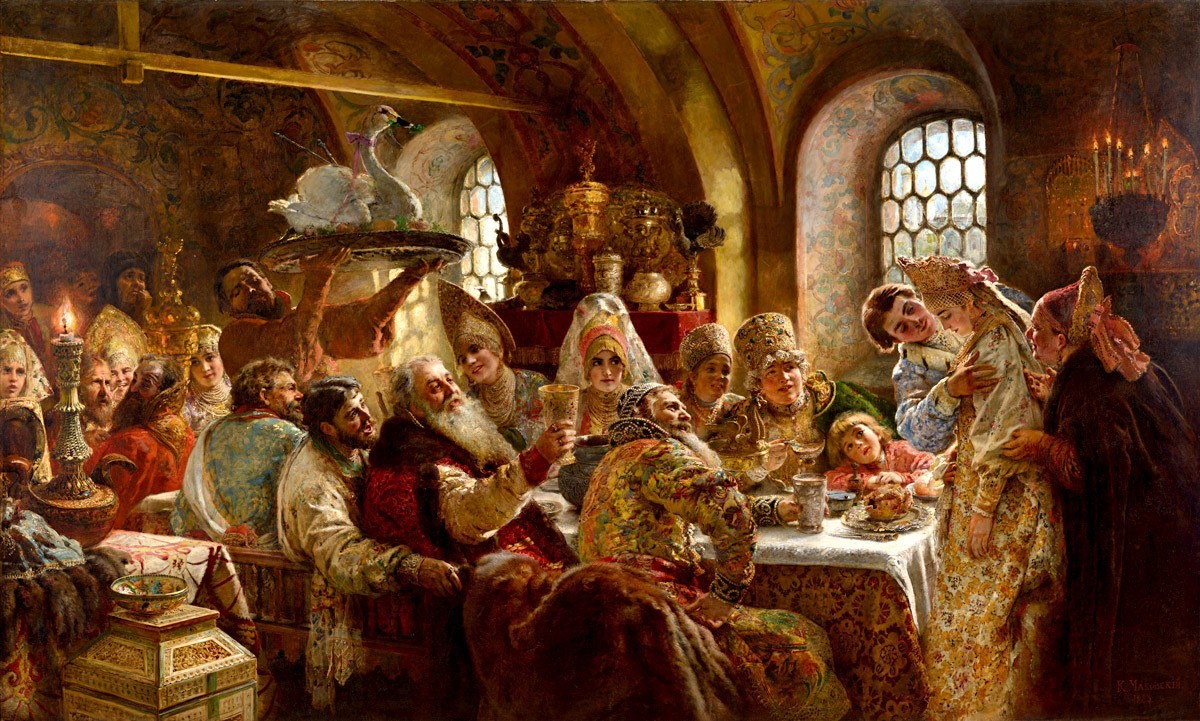 Bojarjevo poročno slavje, Konstantin Makovski, 1883. Na sliki je postrežen tudi ocvrt labod.