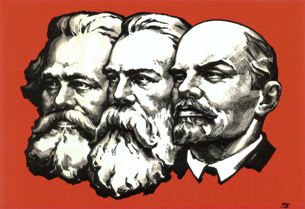 Karl Marx, Friedrich Engels, Vladimir Lenin. A Soviet banner.