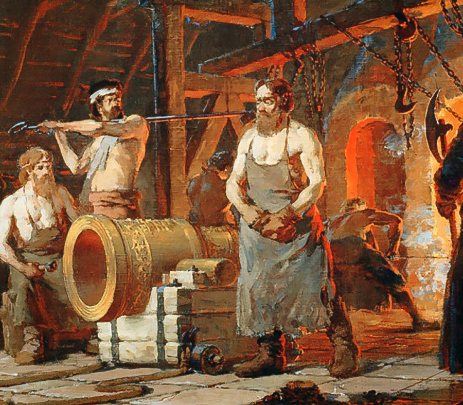 'Andrey Chokhov with apprentices'. Painting by V. Nikiforov, 1955.