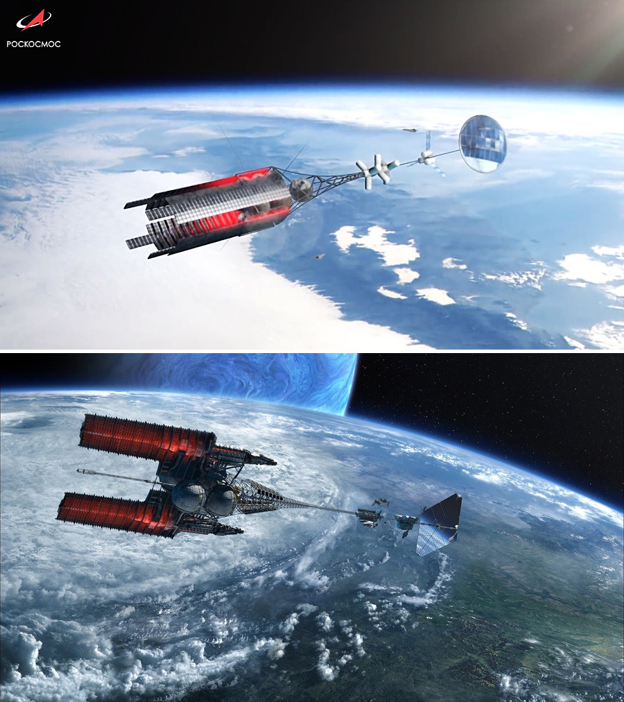ロスコスモスが発表した宇宙船（上）とジェームズ・キャメロンによる想像上の宇宙船の比較。
