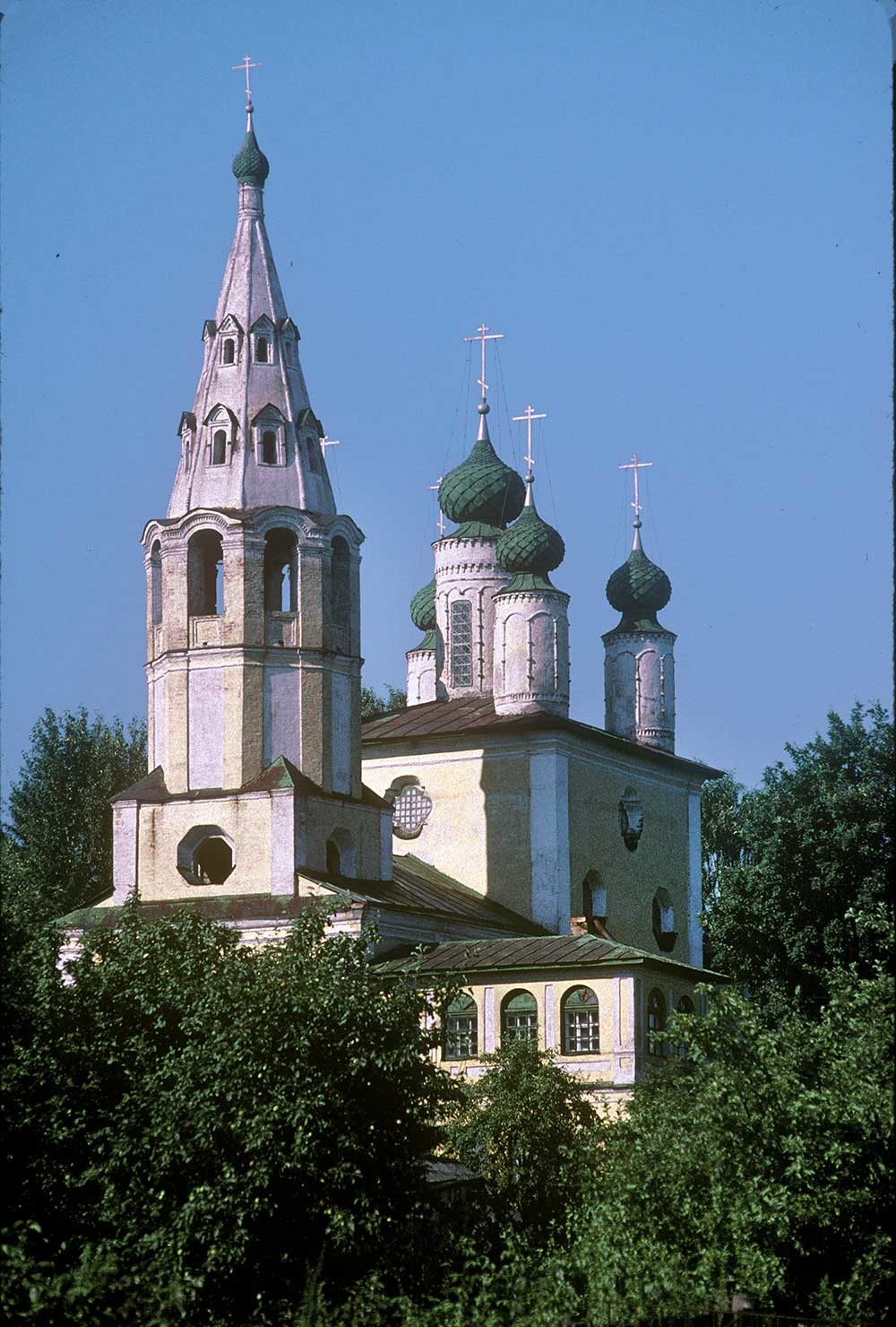 Bell tower & Church of Archangel Michael. Southwest view just upriver from Kazan Church. July 26, 1997.