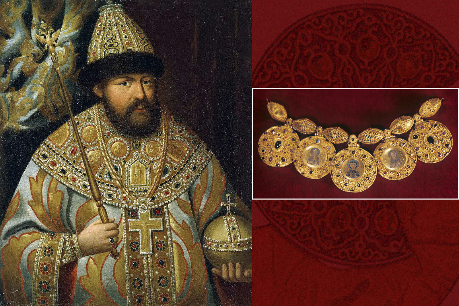 Tsar Alexis of Russia in the 'Great Outfit' (L) and a barma (R)