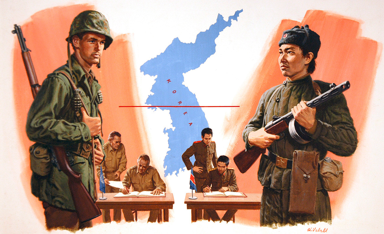 Med mirovnimi pogajanji v Panmudžonu v demilitarizirani coni med obema Korejama, 1953