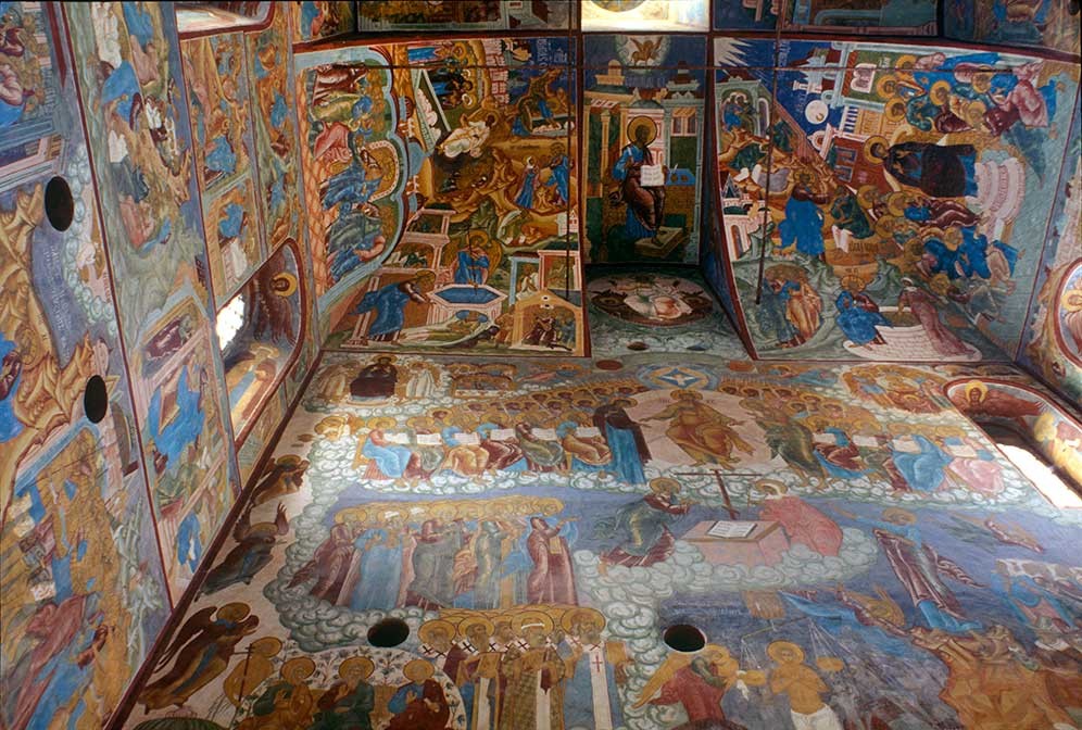 Church of the Savior. Interior. From left: south wall, west wall with fresco of Last Judgement. Christ enthroned with the righteous at his right hand & the condemned at his left. July 29, 1997.