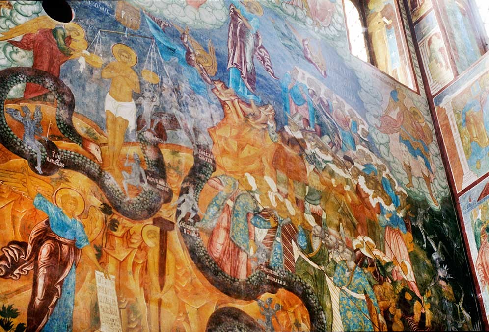 Church of the Savior. West wall, right side with fresco of Last Judgement. Upper left: soul being weighed, with the damned gathered to the right. July 29, 1997.