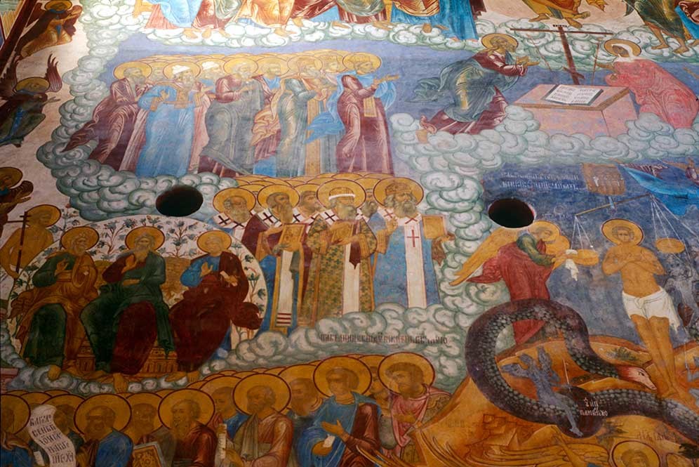 Church of the Savior. West wall, left side with fresco of Last Judgement. From left: the righteous at right hand of Christ; soul being weighed. Lower right: head of serpent leading to hell with seated demons. July 29, 1997.