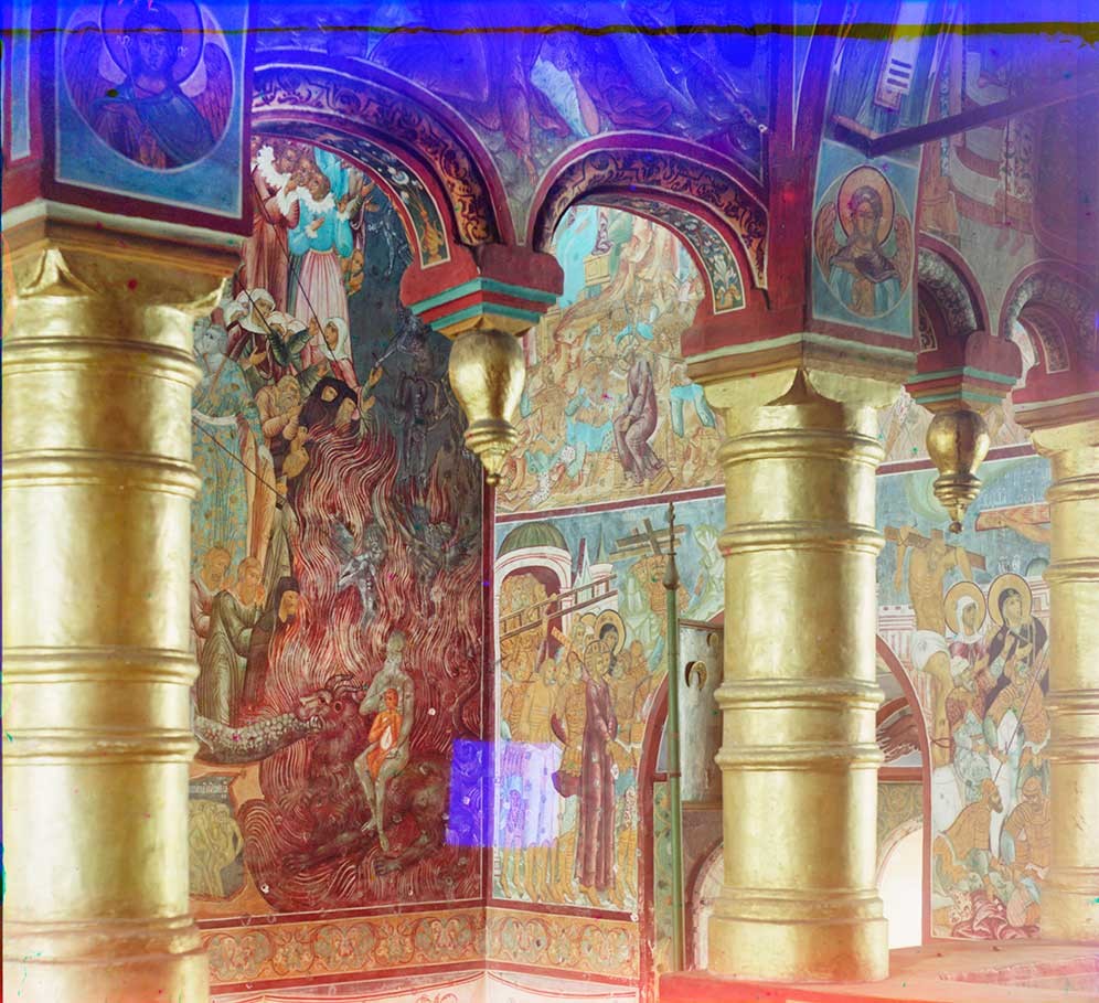Church of the Savior. View toward northwest corner from soleas arcade. Left: west wall, Last Judgement detail: Satan seated in fiery hell with Judas on his lap. 1911.
