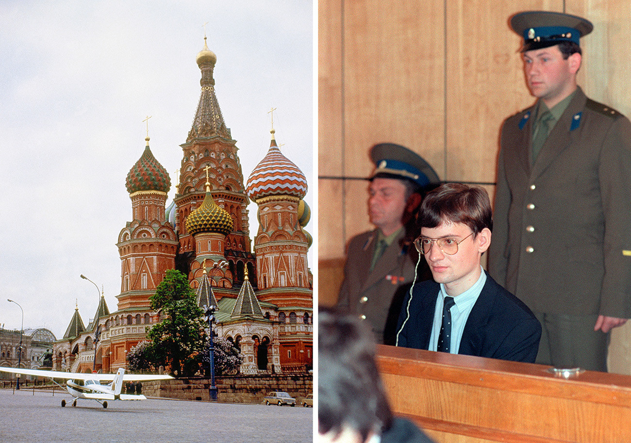 Mathias Rust's plane on Red Square (L), Mathias Rust in the court