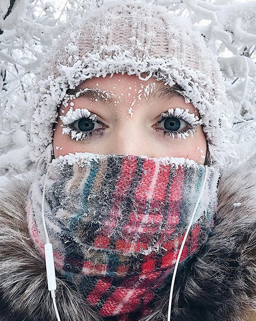 Frozen winter eyelashes in Siberia