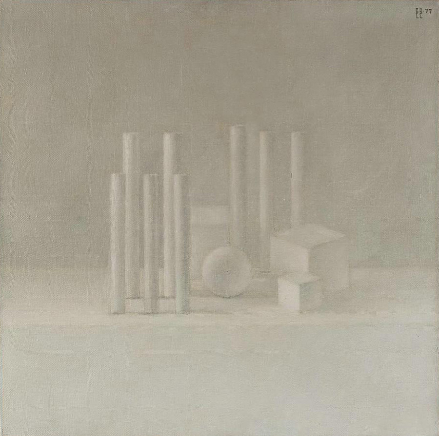 ウラジーミル・ヴェイスベルク。柱と立方体。建築的なコンポジション。1977年。画布、油彩。50х50。