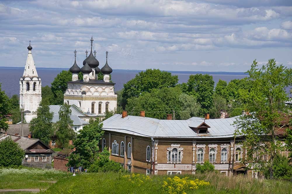 Church of the Most Merciful Savior, view from kremlin rampart. Foreground: Kalinin house. June 9, 2010.