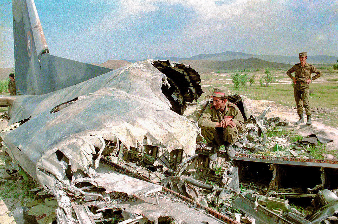 The wreckage of an Afghan transportation plane that was hit by a Stinger missile. 40 people onboard died. 