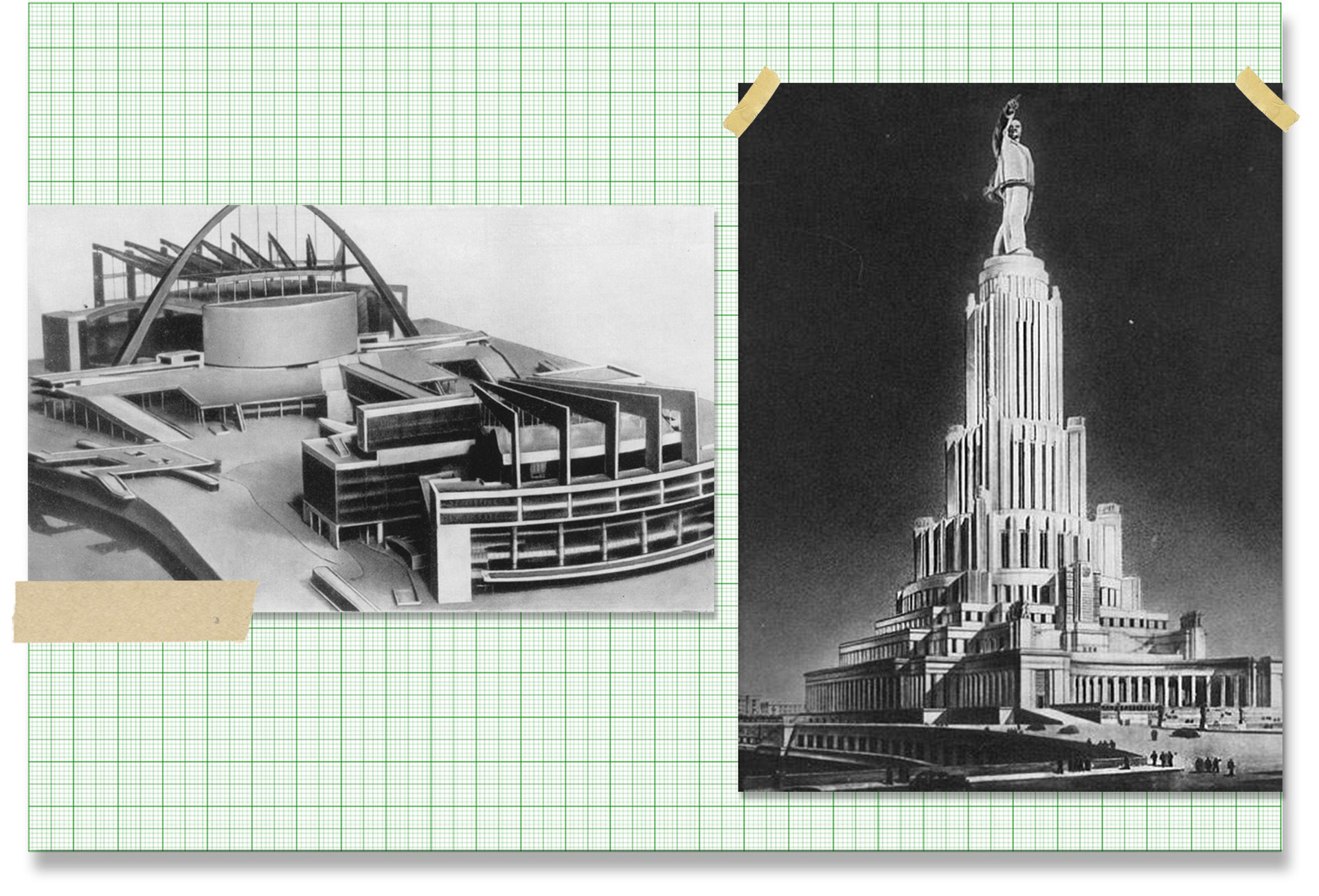 De gauche à droite : projet du Corbusier pour le concours du Palais des Soviets à Moscou et celui du vainqueur, Boris Iofane.