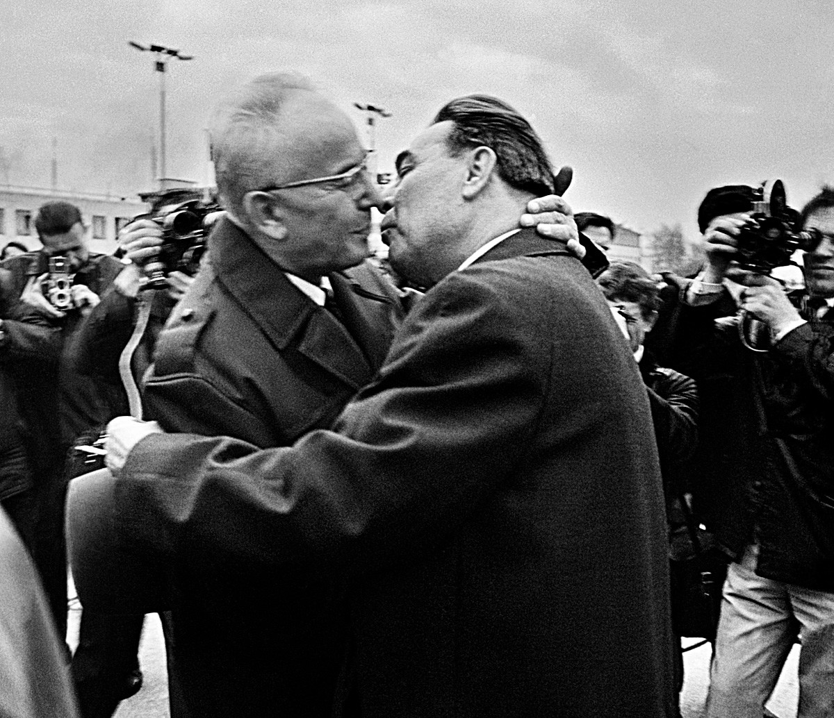 A kiss between Czechoslovak and Soviet party leaders Gustav Husak (left) and Leonid Brezhnev in Prague, 5 May 1970