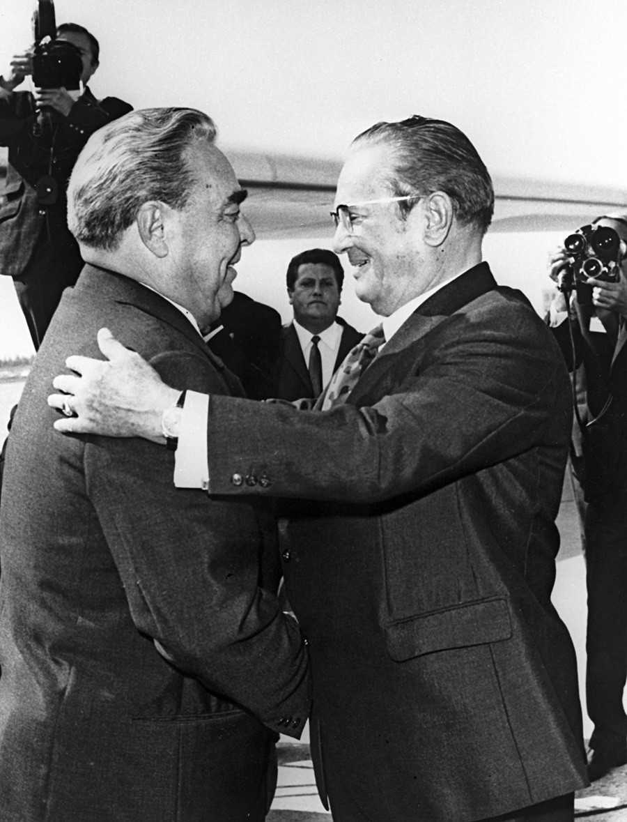 President of Yugoslavia Josip Broz Tito welcoming Leonid Brezhnev at Belgrade's airport in 1971