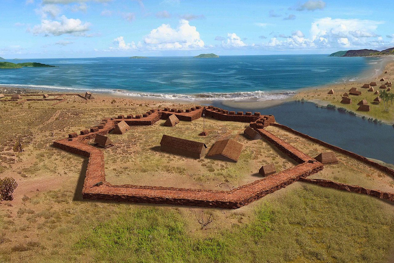 Pogled na Elizabetinu utvrdu (Kauai, Havaji) iz ptičje perspektive. Rekonstrukciju su izvršili Aleksandar Molodin i Peter R. Mills, 2015.