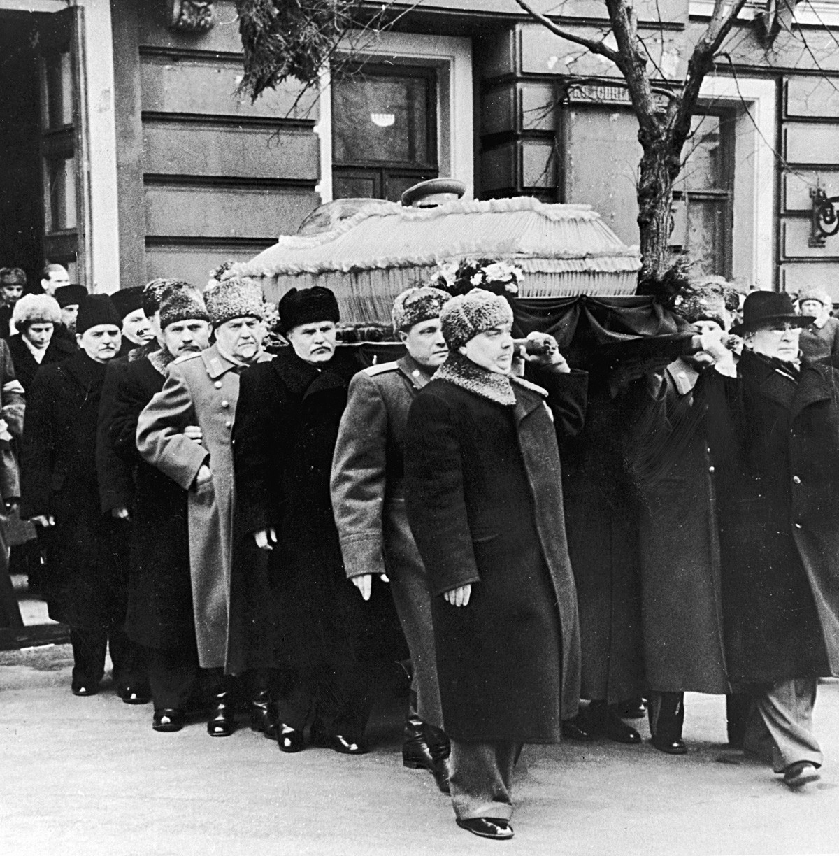The coffin of Soviet political leader Joseph Stalin (1879 - 1953) is carried by his closest officials.