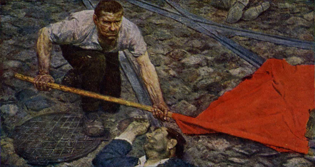 ゲリー・コルジェフ。3枚続きの絵画「共産主義者たち」の中央部分「掲揚される旗」。