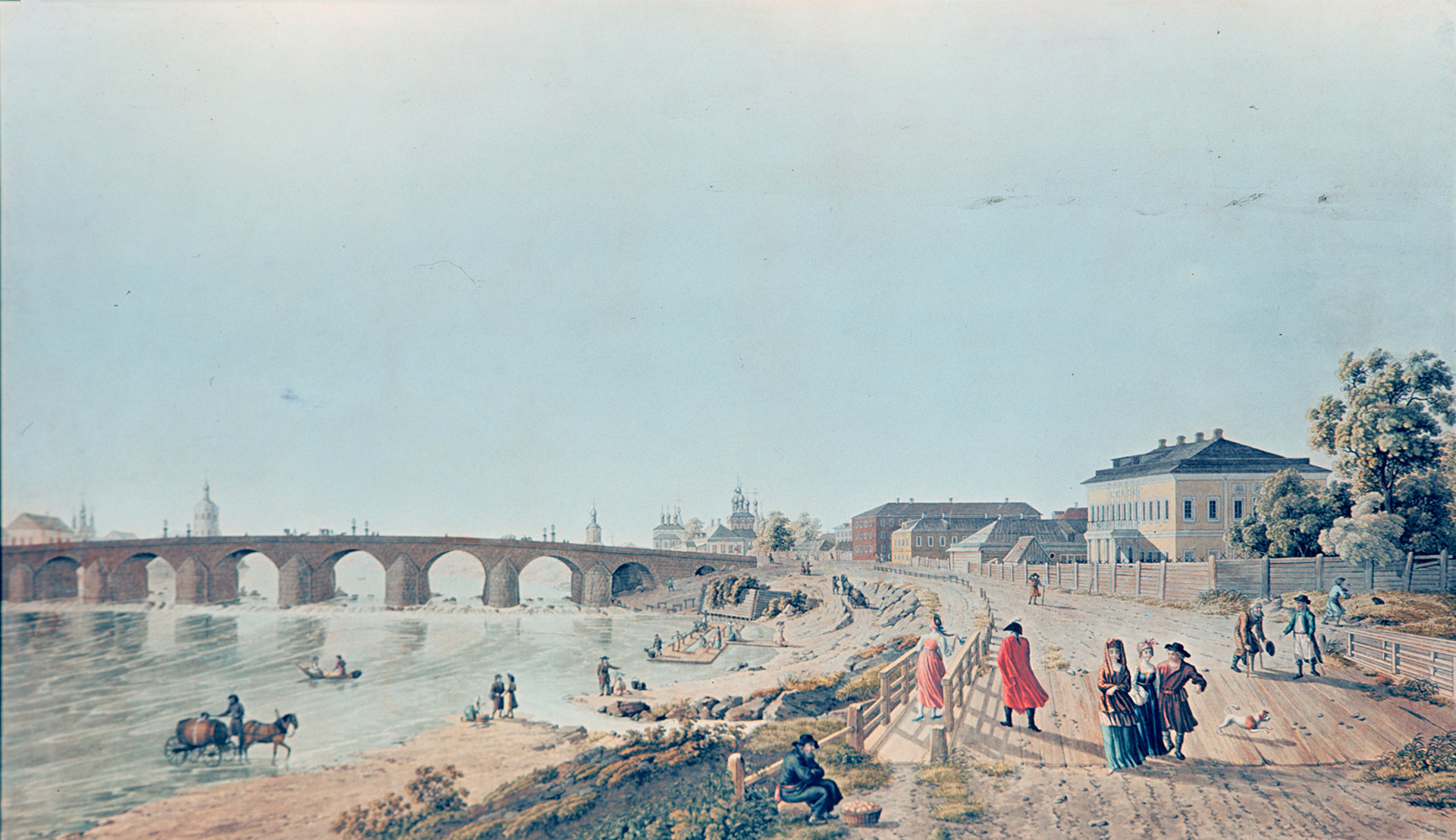 「モスクワの石橋とその周辺。木造の歩道橋とナウゴリナヤ塔から見た景色。デラバルトの1796年の絵をもとにG.ロリーによって作られた銅版画。