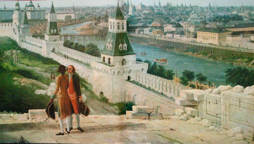 クレムリンの宮殿のバルコニーからみるモスクヲレツキー橋。1797年。デラバルトの絵のもとで作られたF.ロリエ (あるいはM.エイフレル）の版画。