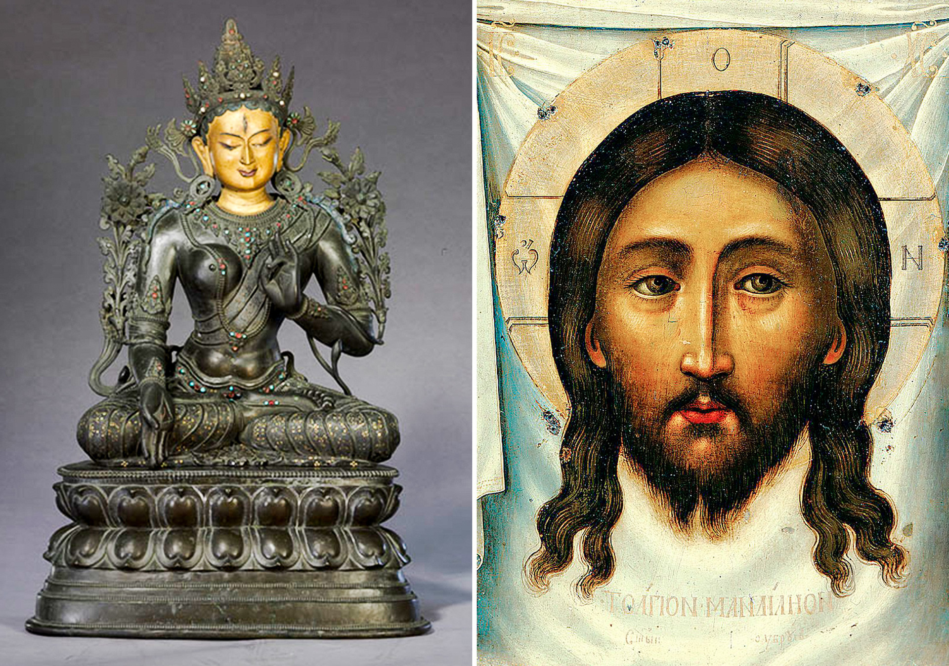 Вляво: Статуя на Бялата Тара. Династия Цин, царуването на Цянлун (1736-1796) Вдясно:  Спас Неръкотворни, 1677.
