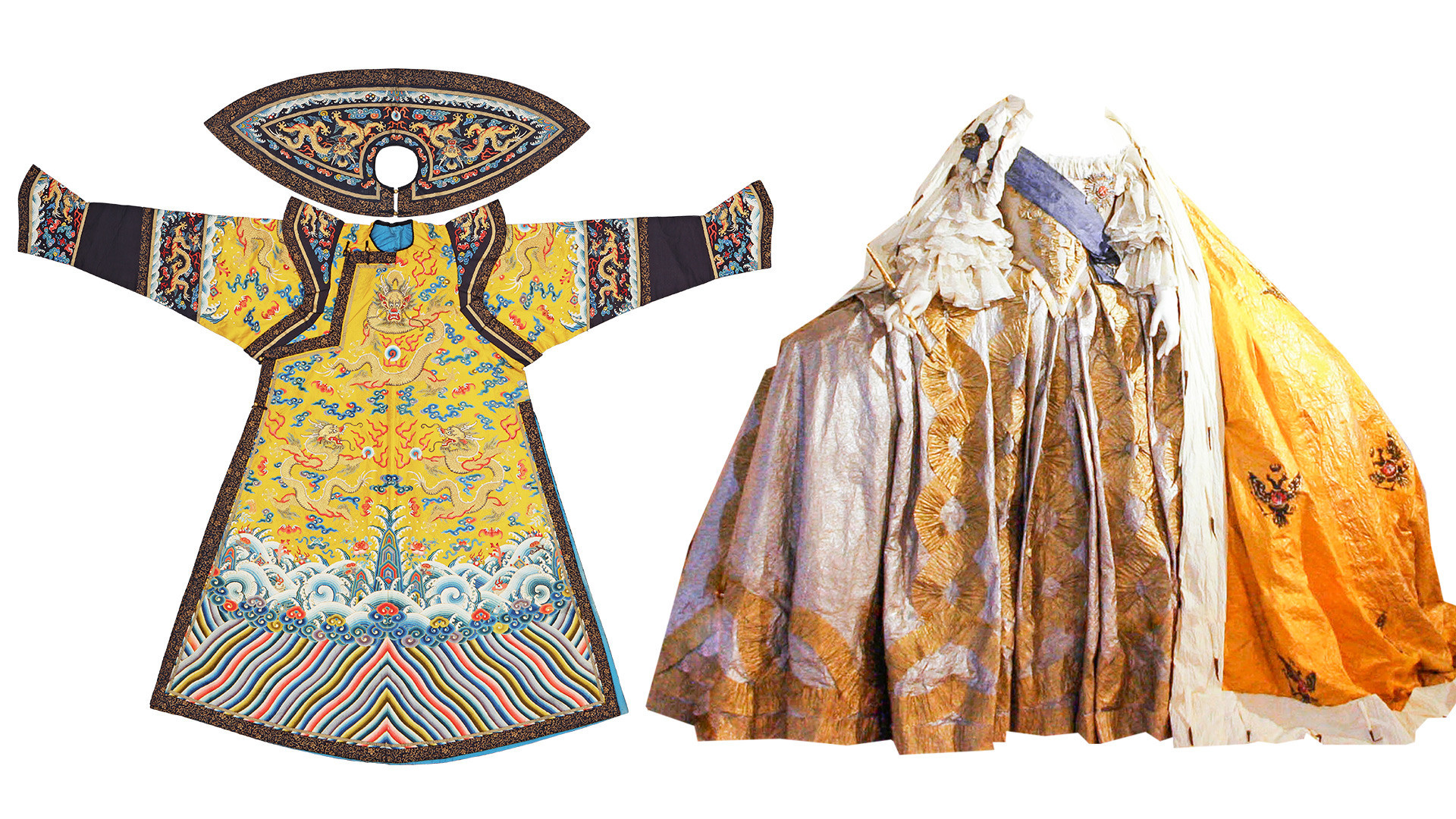 À esquerda, o grande manto da Imperatriz chinesa da era Quing. À direita, o vestido de coroação de uma das imperatrizes russas.