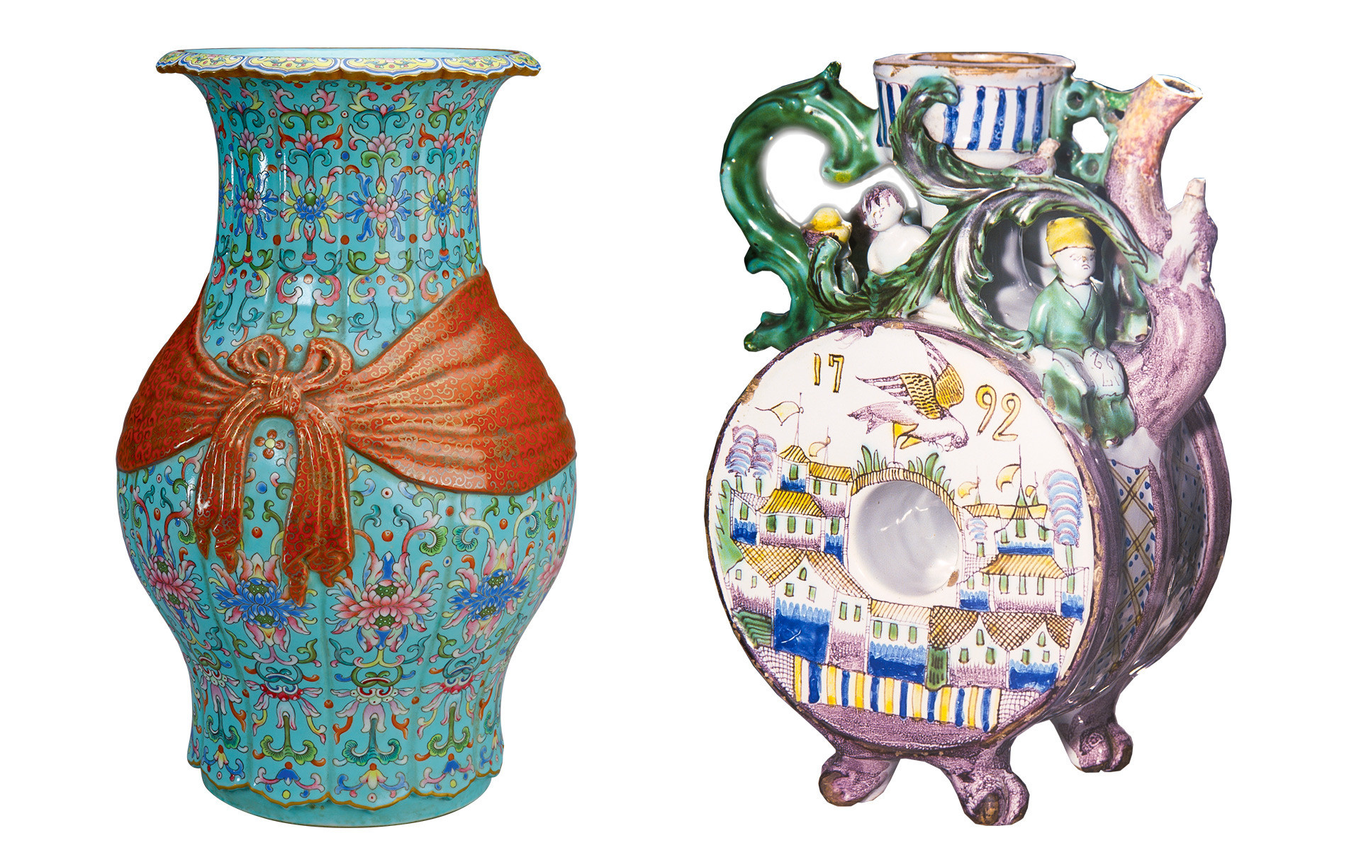À esquerda, um vaso Baofu chinês da era Quing, do período Qianlong. À direita, um jarro russo Gjel, do século 18.