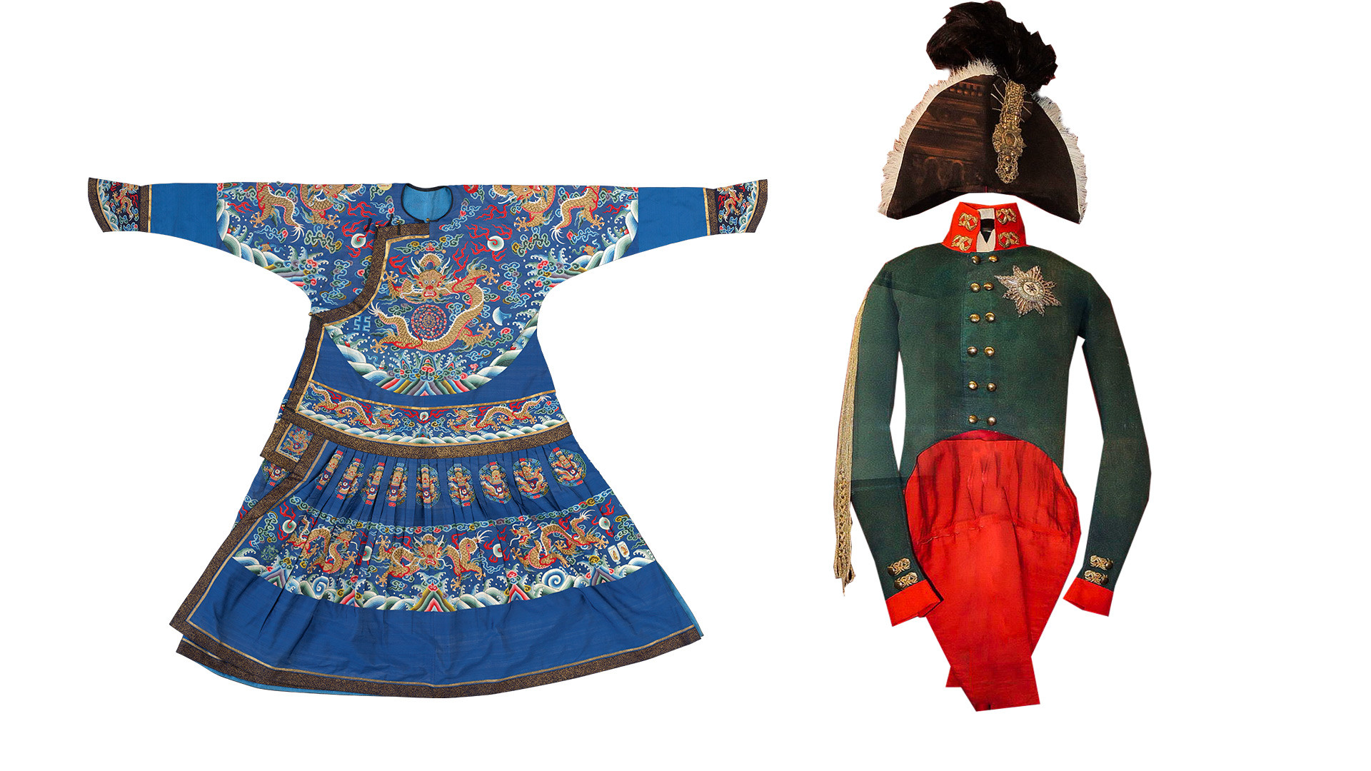 左：皇帝の絹の式服、嘉慶帝の統治期 (1735-1796)。右：ロシアの皇帝、アレクサンドル1世の戴冠衣装。

