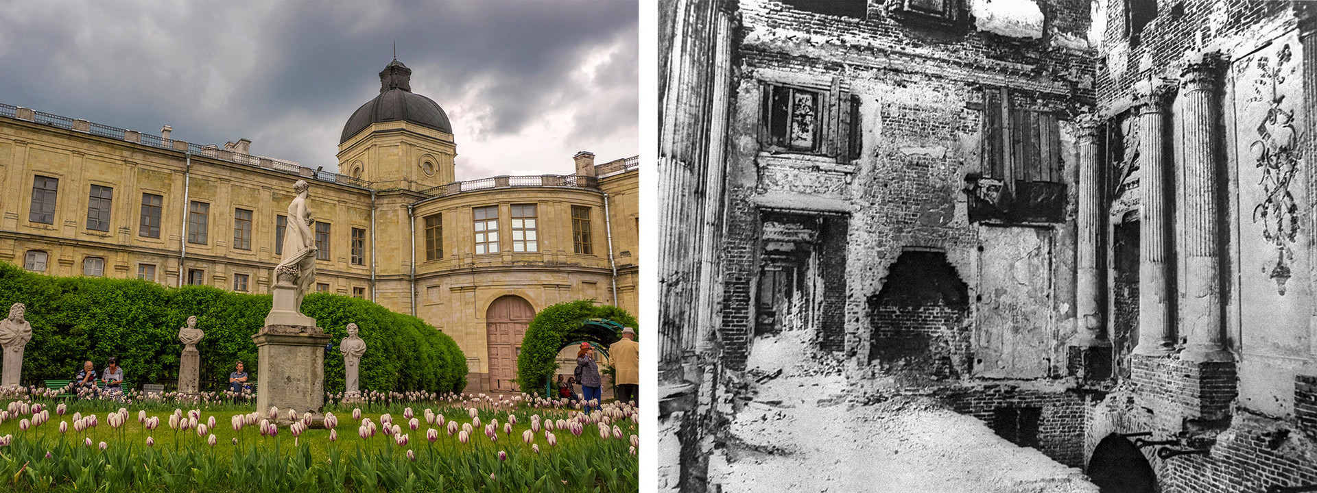 右：ガッチナの大宮殿。左：1944 年。ドイツ軍によって崩壊されたガッチナ宮殿の大理石の食堂。