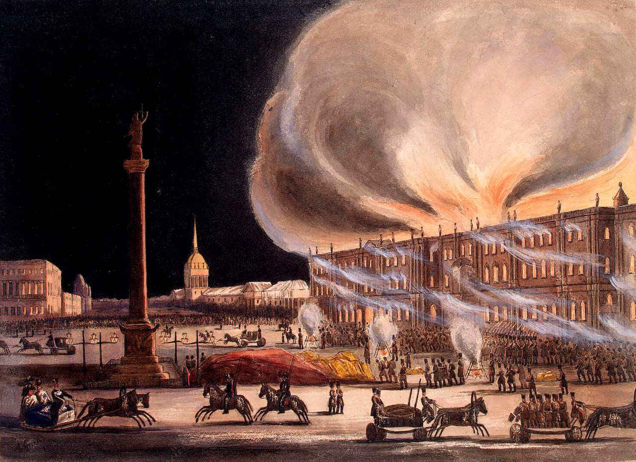 Incêndio no Palácio de Inverno. Aquarela de Boris Green, 1838.