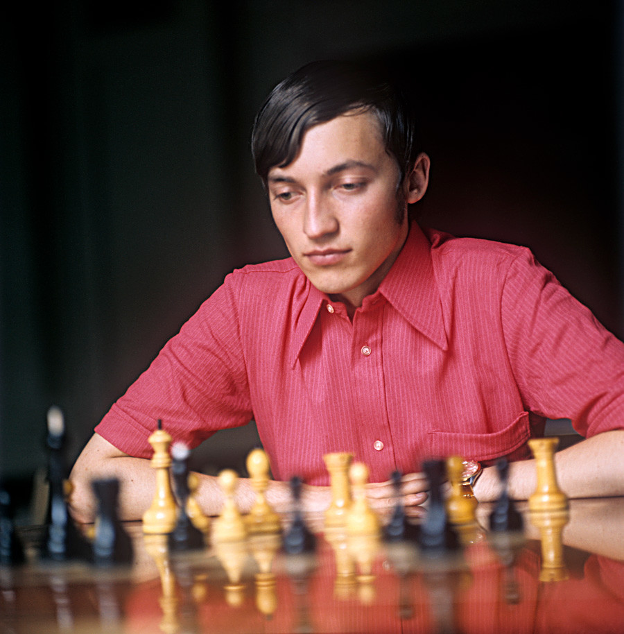 Grandmaster Anatoly Karpov playing a game of chess. 1974.