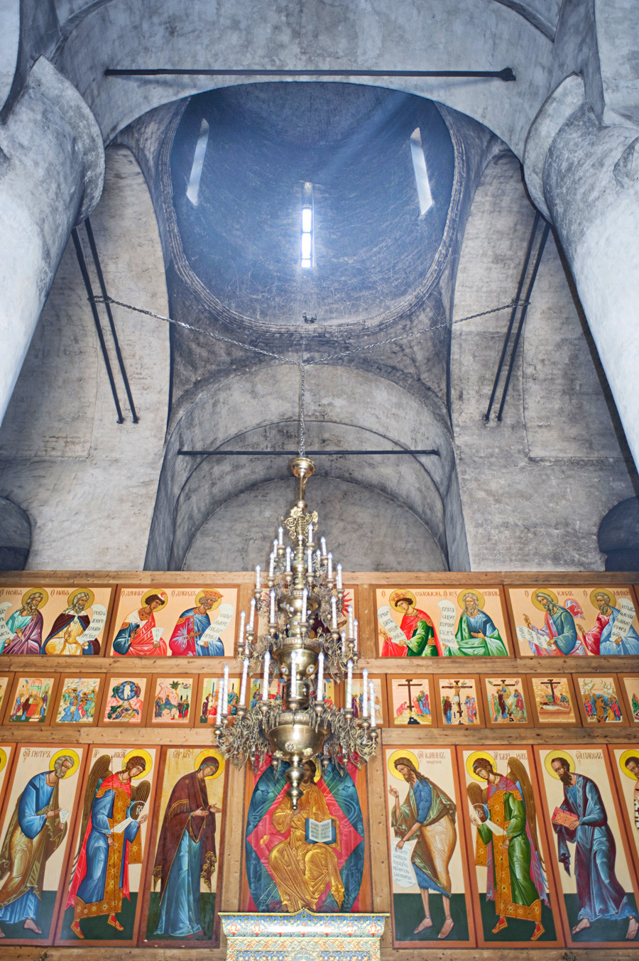 Luzhetsky Monastery. Cathedral of Nativity of the Virgin. Interior, view east toward icon screen & main dome. July 5, 2015.