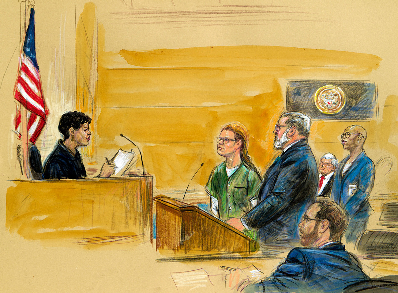 На скицата од судењето прикажана е Марија Бутина со својот адвокат Роберт Дрискол пред окружниот суд во четвртокот на 13 декември 2018 година.