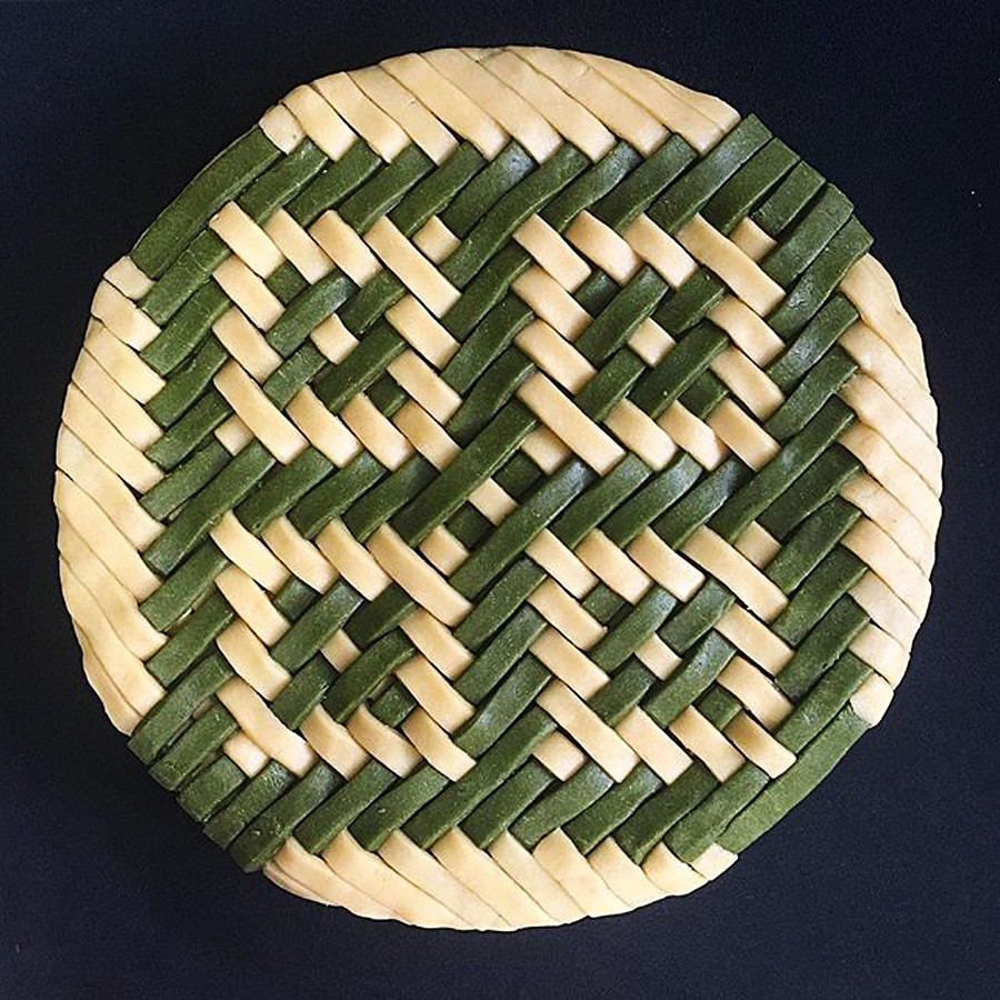 Apple cinnamon pie with a green matcha lattice top.