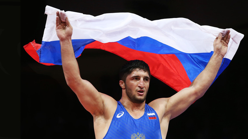 Russia's Abdulrashid Sadulayev celebrates as he wins the men's gold medal -92kg freestyle wrestling final at the 2018 European Wrestling Championships at Ali Aliyev Palace of Sports and Youth in the town of Kaspiysk