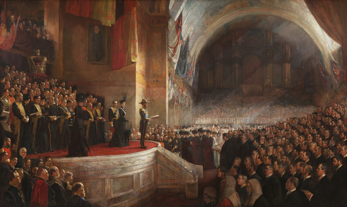   “Abertura do Parlamento da Austrália, em 9 de maio de 1901, em Melbourne, na Austrália”. Pintura de Tom Roberts (1856-1931). Nikolai Pássek, o cônsul imperial russo em Melbourne, é retratado na parte inferior esquerda da imagem.