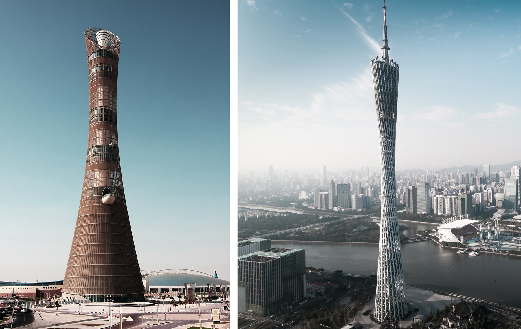 The Aspire Tower in Doha (L), The Guangzhou TV and sightseeing tower