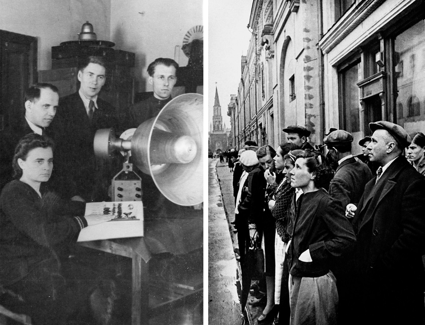 Horn loudspeaker (L); World War II announcement next to the Kremlin